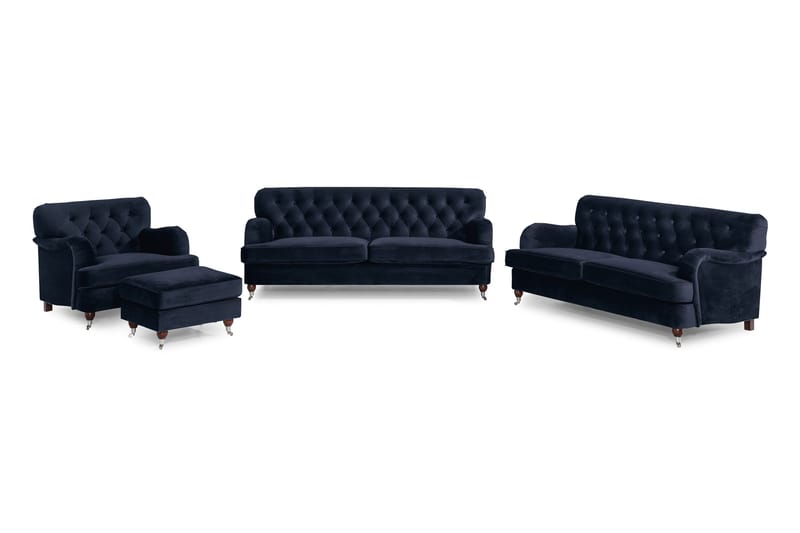 Howard Riviera Sofagruppe 3-seters + 2-seters Sofa + Lenestol + Fotskammel i Fløyel - Blå - Møbler - Sofaer - Sofagrupper - Howard sofagruppe