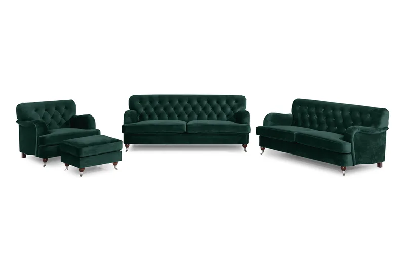Howard Riviera Sofagruppe 3-seters + 2-seters Sofa + Lenestol + Fotskammel i Fløyel, Grønn