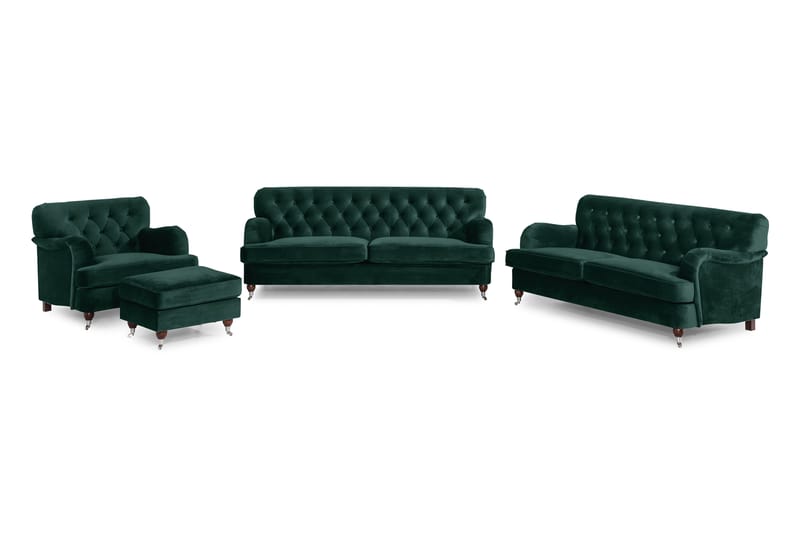Howard Riviera Sofagruppe 3-seters + 2-seters Sofa + Lenestol + Fotskammel i Fløyel - Grønn - Møbler - Sofaer - Sofagrupper - Howard sofagruppe