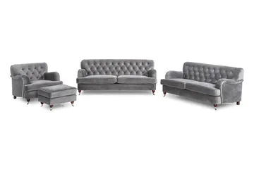 Howard Riviera Sofagruppe 3-seters + 2-seters Sofa + Lenestol + Fotskammel i Fløyel