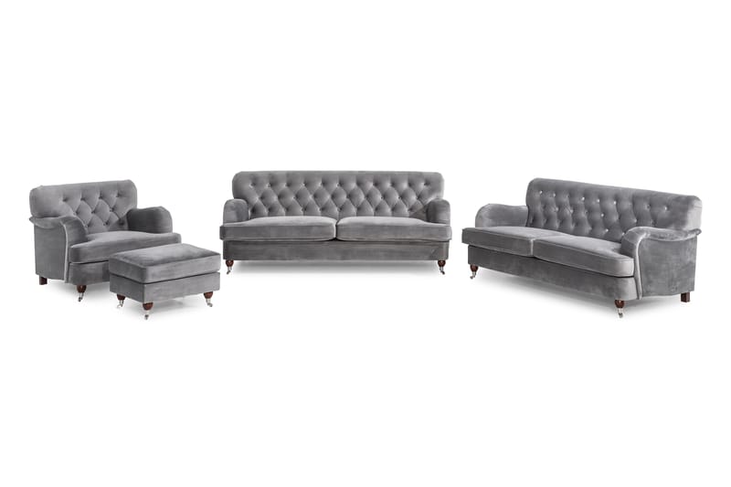 Howard Riviera Sofagruppe 3-seters + 2-seters Sofa + Lenestol + Fotskammel i Fløyel - Lys grå - Møbler - Sofaer - Sofagrupper - Howard sofagruppe