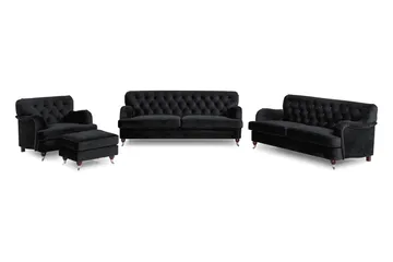 Howard Riviera Sofagruppe 3-seters + 2-seters Sofa + Lenestol + Fotskammel i Fløyel