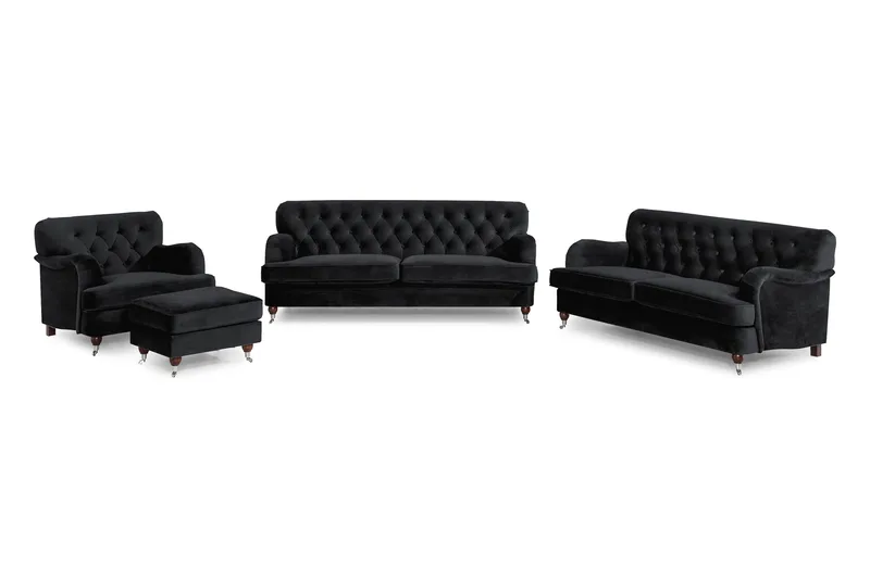 Howard Riviera Sofagruppe 3-seters + 2-seters Sofa + Lenestol + Fotskammel i Fløyel - Svart - Møbler - Sofaer - Sofagrupper - Howard sofagruppe