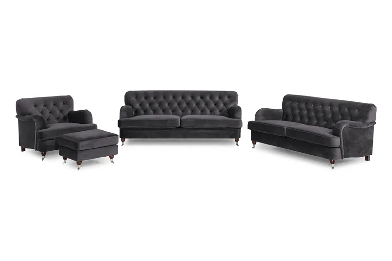 Howard Riviera Sofagruppe 3-seters + 2-seters Sofa + Lenestol + Fotskammel i Fløyel, Mørk grå