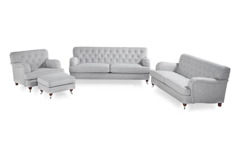 Howard Riviera Sofagruppe Bøyd 3-seter + 2-seter Sofa + Lenestol + Fotskammel i Stoff - Grå - Møbler - Sofaer - Sofagrupper - Howard sofagruppe