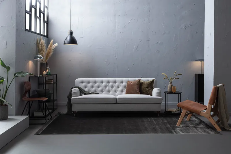 Howard Riviera Sofagruppe Bøyd 3-seter + 2-seter Sofa + Lenestol + Fotskammel i Stoff - Grå - Møbler - Sofaer - Sofagrupper - Howard sofagruppe