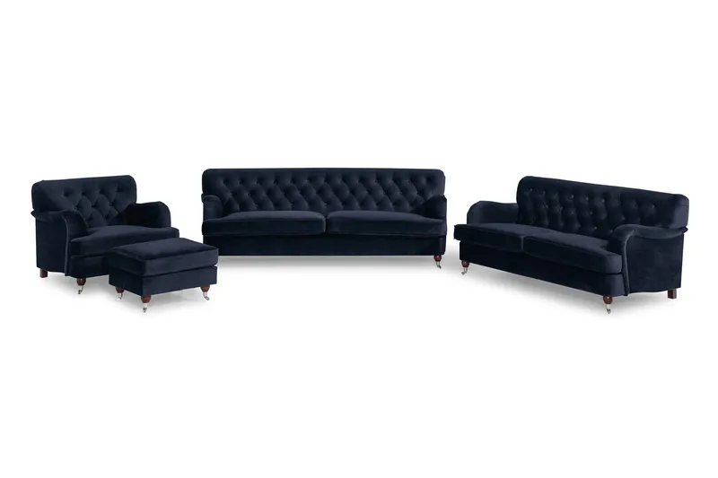 Howard Riviera Sofagruppe Svingt 3-seters + 2-seters Sofa + Lenestol + Fotskammel i Fløyel, Blå