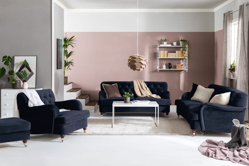 Howard Riviera Sofagruppe Svingt 3-seters + 2-seters Sofa + Lenestol + Fotskammel i Fløyel - Blå - Møbler - Sofaer - Sofagrupper - Howard sofagruppe