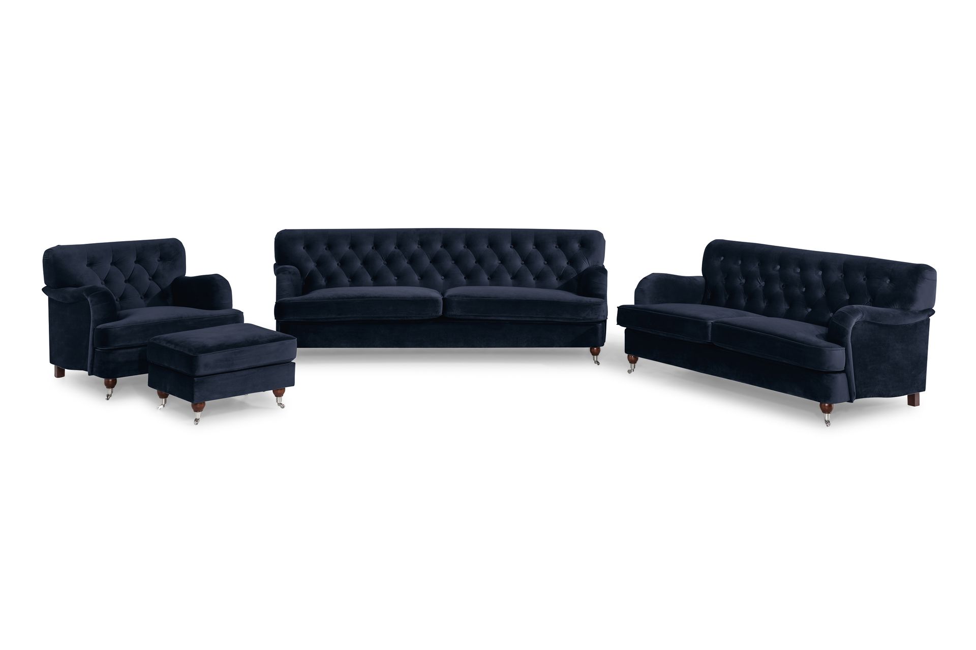 Howard Riviera Sofagruppe Svingt 3-seters + 2-seters Sofa + Lenestol + Fotskammel i Fløyel - Blå - Møbler - Sofaer - Sofagrupper - Howard sofagruppe