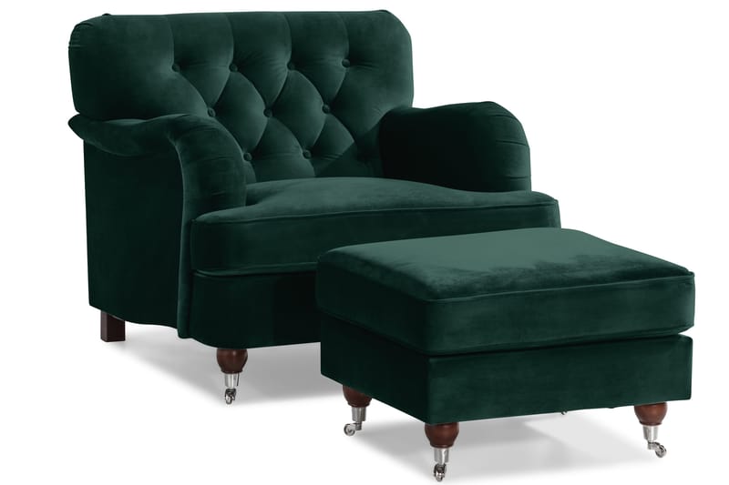 Howard Riviera Sofagruppe Svingt 3-seters + 2-seters Sofa + Lenestol + Fotskammel i Fløyel - Grønn - Møbler - Sofaer - Sofagrupper - Howard sofagruppe