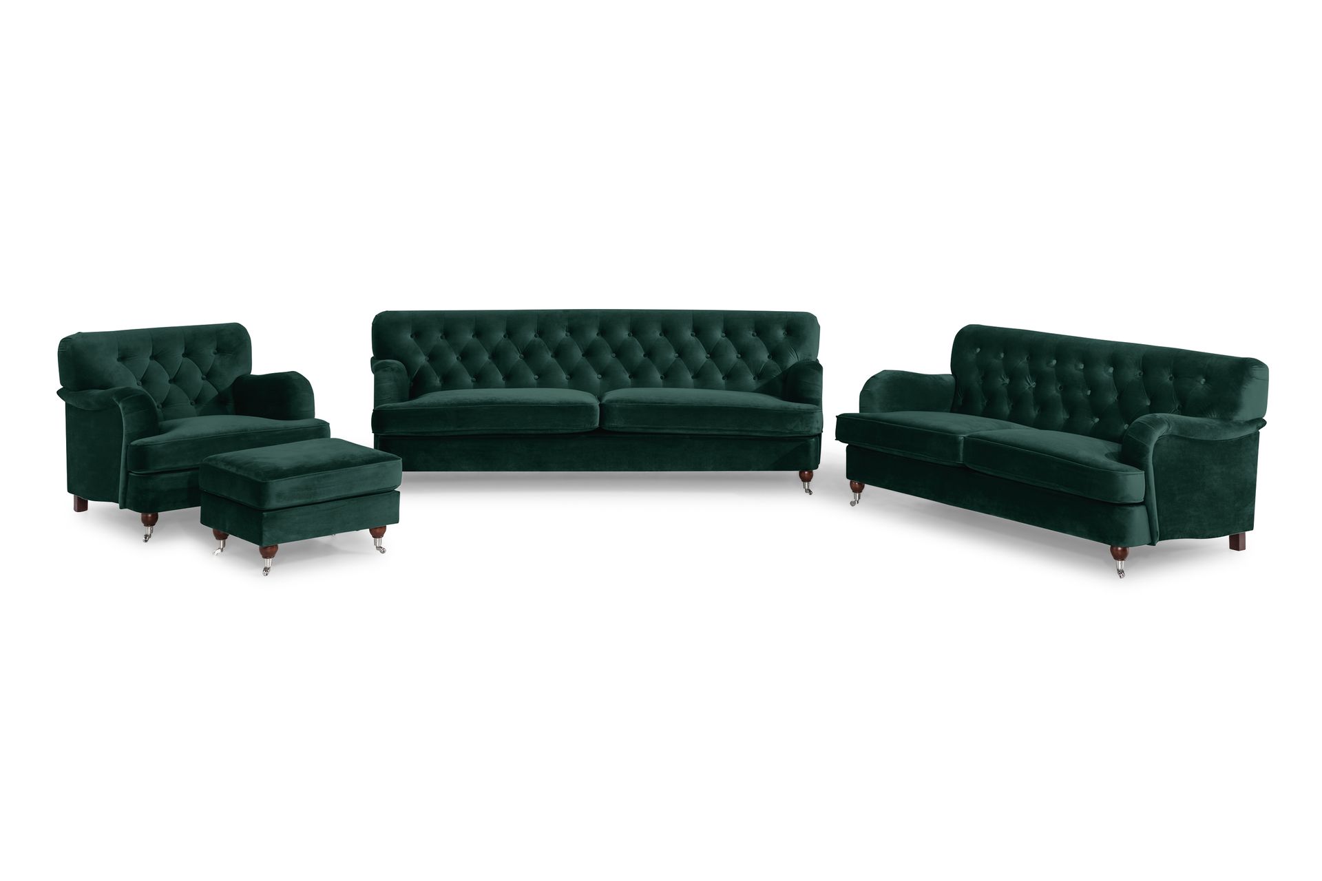Howard Riviera Sofagruppe Svingt 3-seters + 2-seters Sofa + Lenestol + Fotskammel i Fløyel - Grønn - Møbler - Sofaer - Sofagrupper - Howard sofagruppe