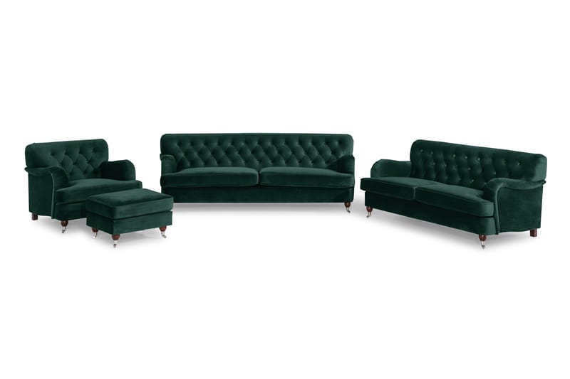 Howard Riviera Sofagruppe Svingt 3-seters + 2-seters Sofa + Lenestol + Fotskammel i Fløyel - Grønn - Møbler - Sofaer - Sofagrupper - Howard sofagruppe