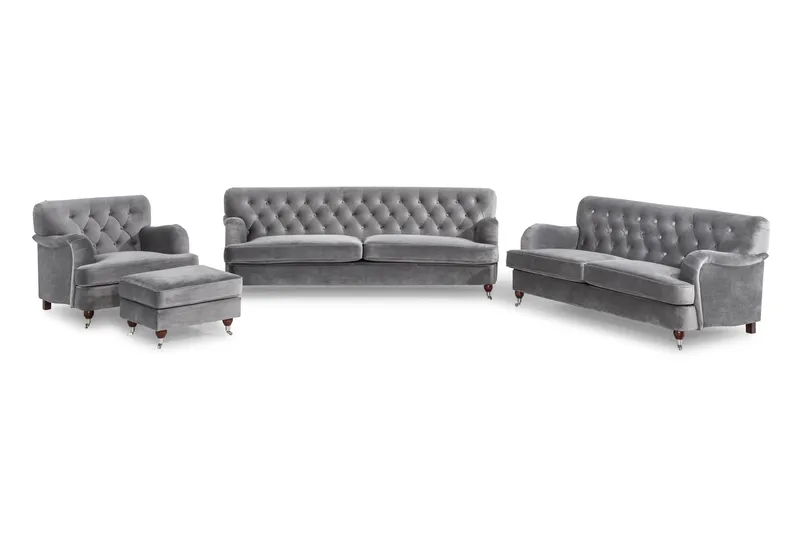 Howard Riviera Sofagruppe Svingt 3-seters + 2-seters Sofa + Lenestol + Fotskammel i Fløyel - Lys grå - Møbler - Sofaer - Sofagrupper - Howard sofagruppe