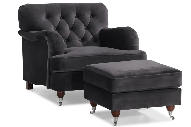 Howard Riviera Sofagruppe Svingt 3-seters + 2-seters Sofa + Lenestol + Fotskammel i Fløyel - Mørk grå - Møbler - Sofaer - Sofagrupper - Howard sofagruppe