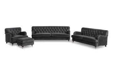Howard Riviera Sofagruppe Svingt 3-seters + 2-seters Sofa + Lenestol + Fotskammel i Fløyel