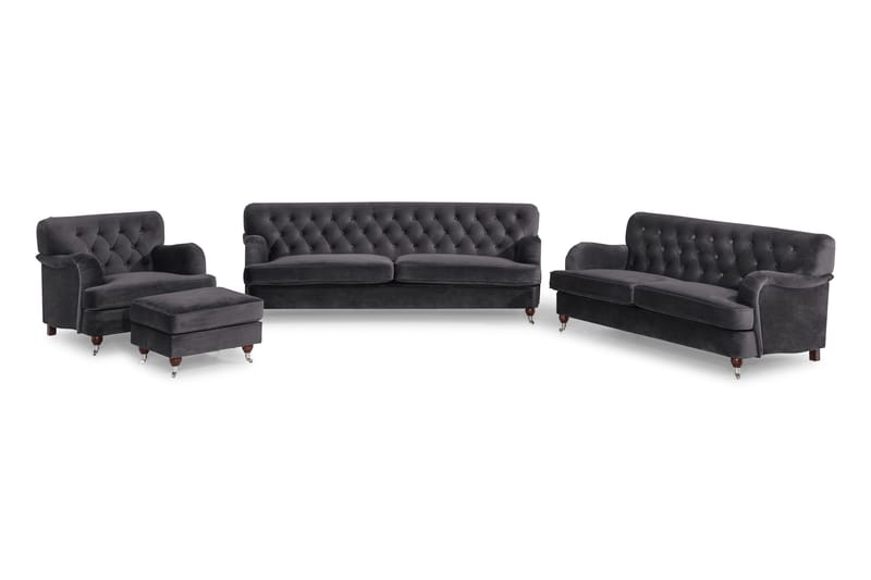 Howard Riviera Sofagruppe Svingt 3-seters + 2-seters Sofa + Lenestol + Fotskammel i Fløyel - Mørk grå - Møbler - Sofaer - Sofagrupper - Howard sofagruppe