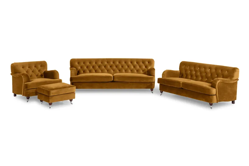 Howard Riviera Sofagruppe Svingt 3-seters + 2-seters Sofa + Lenestol + Fotskammel i Fløyel - Mørk gul - Møbler - Sofaer - Sofagrupper - Howard sofagruppe