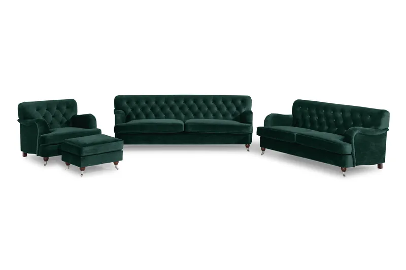 Howard Riviera Sofagruppe Svingt 3-seters + 2-seters Sofa + Lenestol + Fotskammel i Fløyel, Grønn