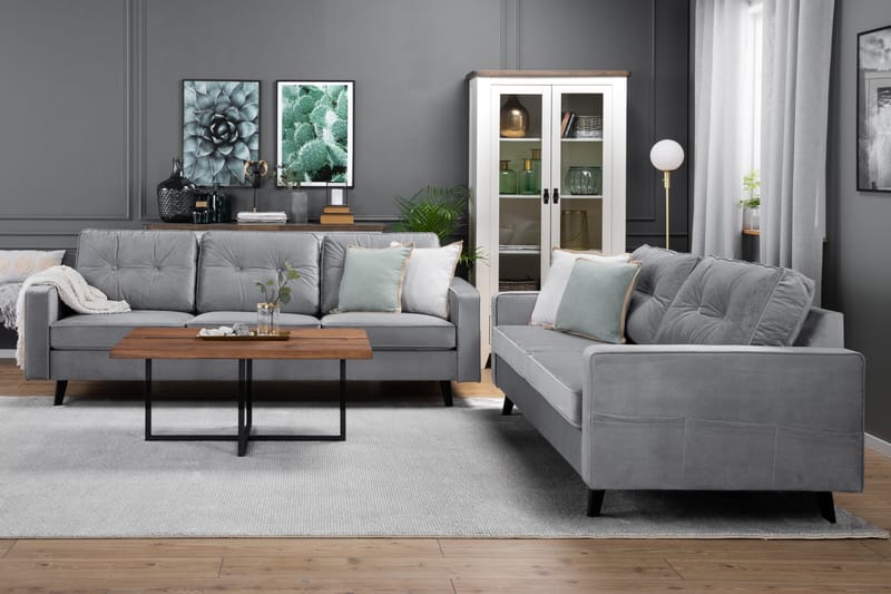 Monroe Sofagruppe 4-seters + 3-seters Fløyelssofa - Lys grå - Møbler - Sofaer - Sofagrupper - Howard sofagruppe