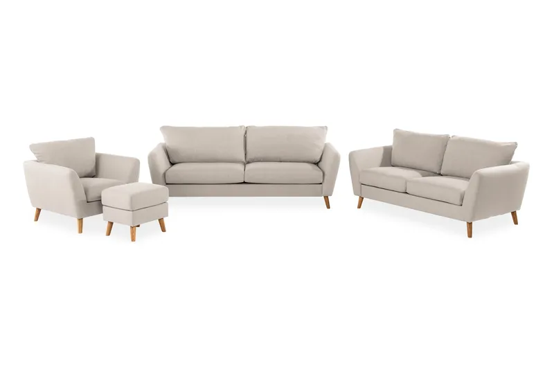 Trend Sofagruppe 3-seters + 2-seters Sofa + Lenestol + Fotskammel i Stoff, Beige
