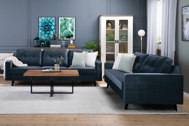 Monroe Sofagruppe 4-seters + 3-seters Fløyelssofa - Blå - Møbler - Sofaer - Sofagrupper