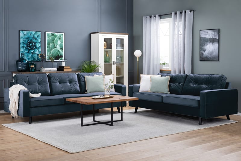 Monroe Sofagruppe 4-seters + 3-seters Fløyelssofa - Blå - Møbler - Sofaer - Sofagrupper