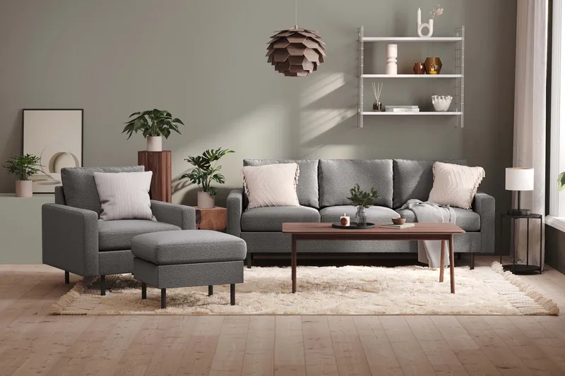 Peppe Sofagruppe 3-seter Sofa + Lenestol + Fotskammel i Stoff - Lys grå - Møbler - Sofaer - Sofagrupper