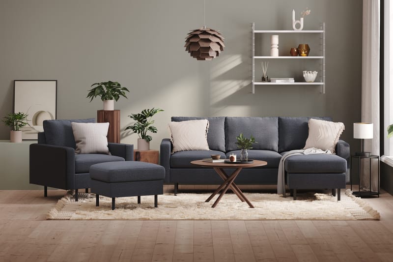 Peppe Sofagruppe 3-seter Vendbar L-formet Divansofa + Lenestol + Fotskammel i Stoff - Mørk grå - Møbler - Sofaer - Sofagrupper