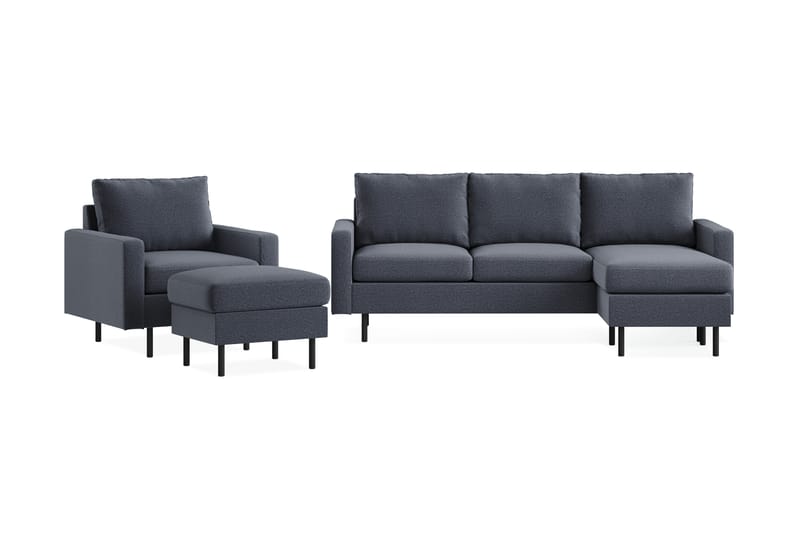 Peppe Sofagruppe 3-seter Vendbar L-formet Divansofa + Lenestol + Fotskammel i Stoff - Mørk grå - Møbler - Sofaer - Sofagrupper