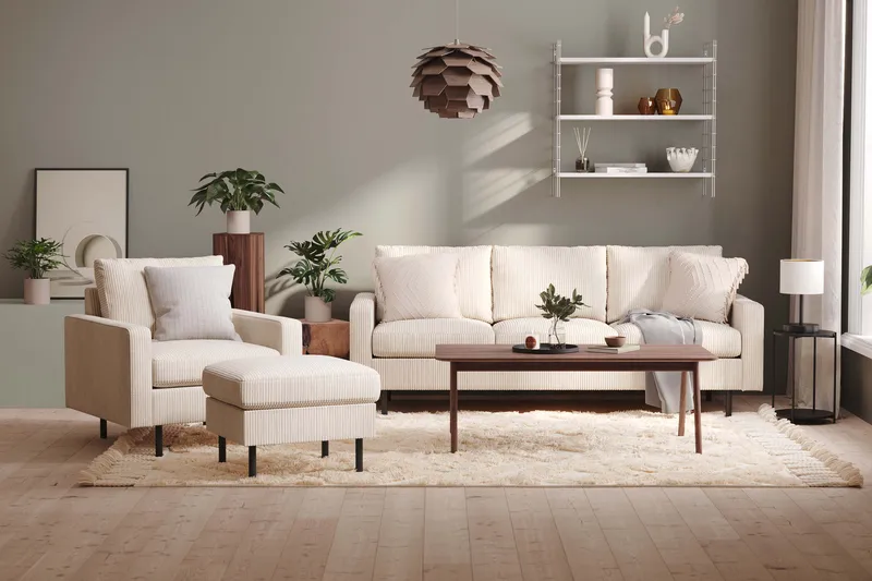 Peppe Sofagruppe 3-seters Sofa + Lenestol + Fotskammel i Manchester - Beige - Møbler - Sofaer - Sofagrupper