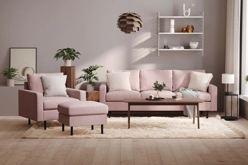 Peppe Sofagruppe 3-seters Sofa + Lenestol + Fotskammel i Manchester - Rosa - Møbler - Sofaer - Sofagrupper