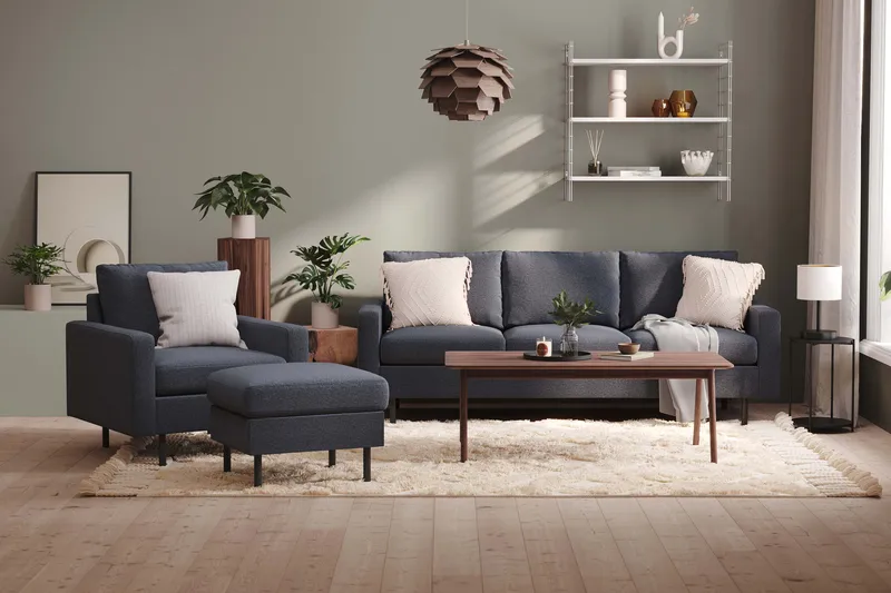 Peppe Sofagruppe 3-seters Sofa + Lenestol + Fotskammel i Stoff - Mørk grå - Møbler - Sofaer - Sofagrupper