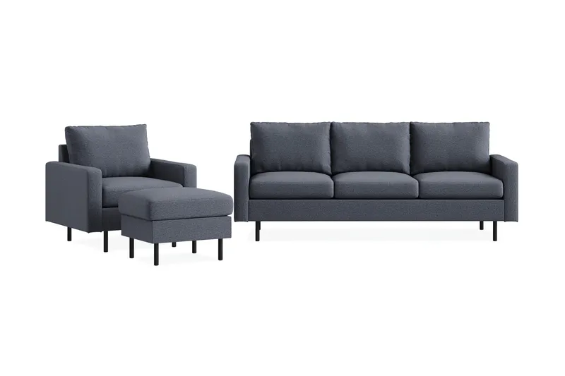 Peppe Sofagruppe 3-seters Sofa + Lenestol + Fotskammel i Stoff, Mørk grå