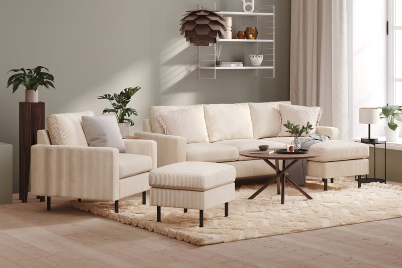Peppe Sofagruppe 3-seters Vendbar L-formet Sjeselongsofa + Lenestol + Fotskammel i Manchester - Beige - Møbler - Sofaer - Sofagrupper