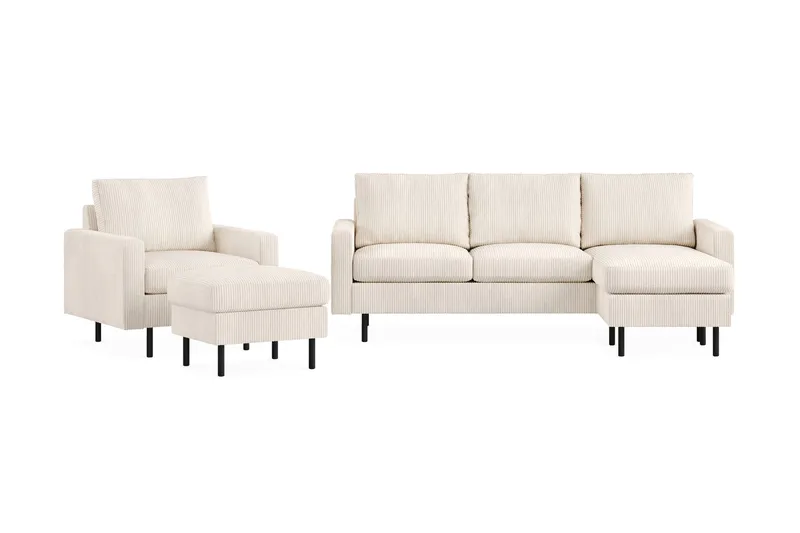 Peppe Sofagruppe 3-seters Vendbar L-formet Sjeselongsofa + Lenestol + Fotskammel i Manchester, Beige
