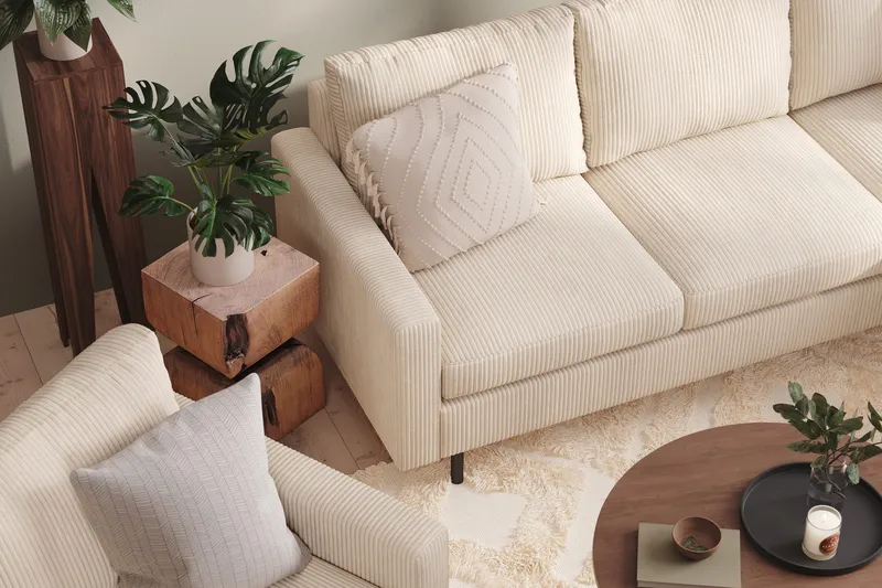 Peppe Sofagruppe 3-seters Vendbar L-formet Sjeselongsofa + Lenestol + Fotskammel i Manchester - Beige - Møbler - Sofaer - Sofagrupper