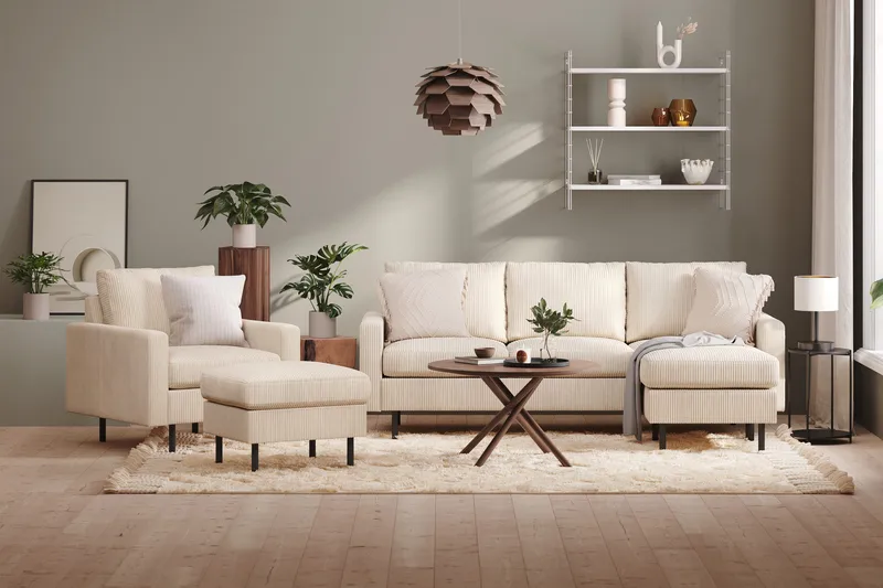 Peppe Sofagruppe 3-seters Vendbar L-formet Sjeselongsofa + Lenestol + Fotskammel i Manchester - Beige - Møbler - Sofaer - Sofagrupper