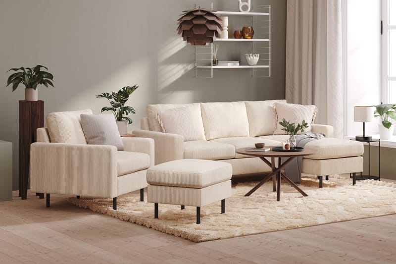 Peppe Sofagruppe 3-seters Vendbar L-formet Sjeselongsofa + Lenestol + Fotskammel i Manchester - Beige - Møbler - Sofaer - Sofagrupper