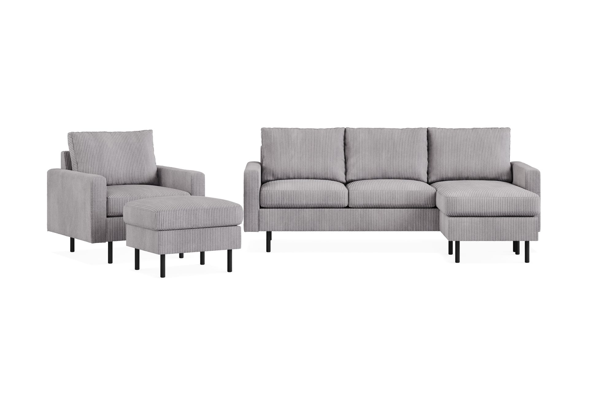 Peppe Sofagruppe 3-seters Vendbar L-formet Sjeselongsofa + Lenestol + Fotskammel i Manchester - Mørk grå - Møbler - Sofaer - Sofagrupper