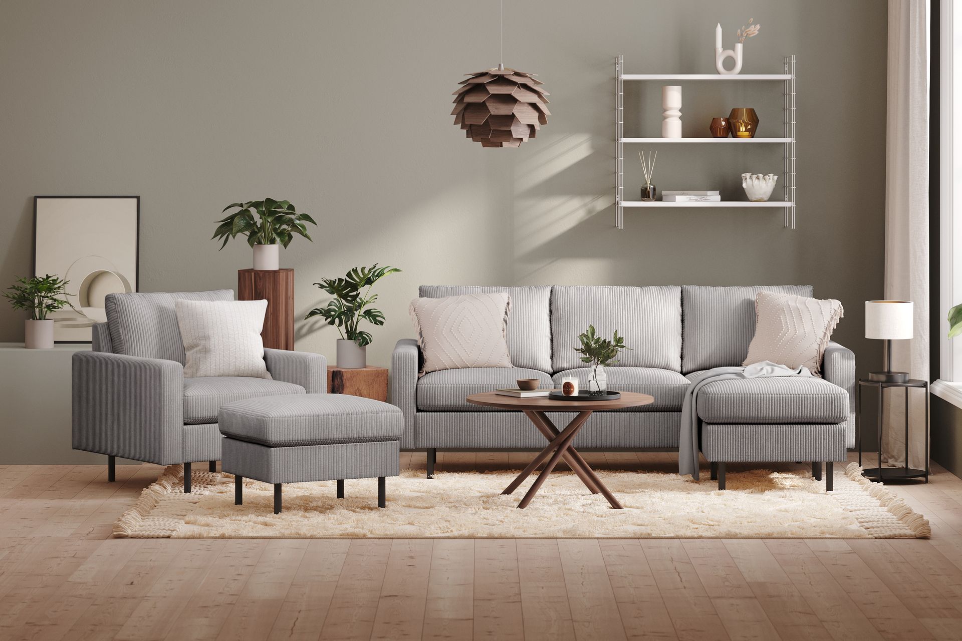 Peppe Sofagruppe 3-seters Vendbar L-formet Sjeselongsofa + Lenestol + Fotskammel i Manchester - Mørk grå - Møbler - Sofaer - Sofagrupper