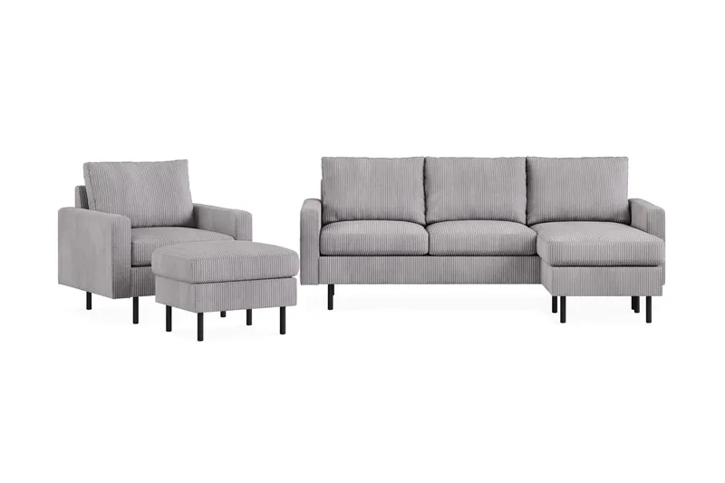 Peppe Sofagruppe 3-seters Vendbar L-formet Sjeselongsofa + Lenestol + Fotskammel i Manchester, Mørk grå