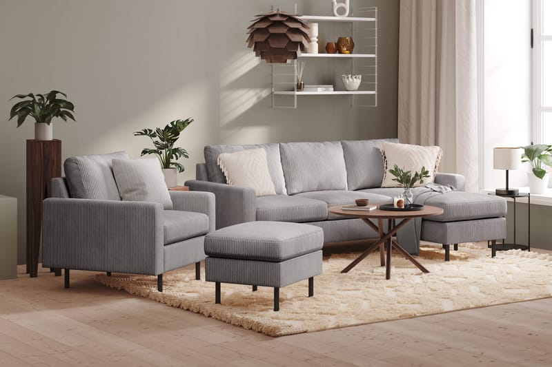 Peppe Sofagruppe 3-seters Vendbar L-formet Sjeselongsofa + Lenestol + Fotskammel i Manchester - Mørk grå - Møbler - Sofaer - Sofagrupper