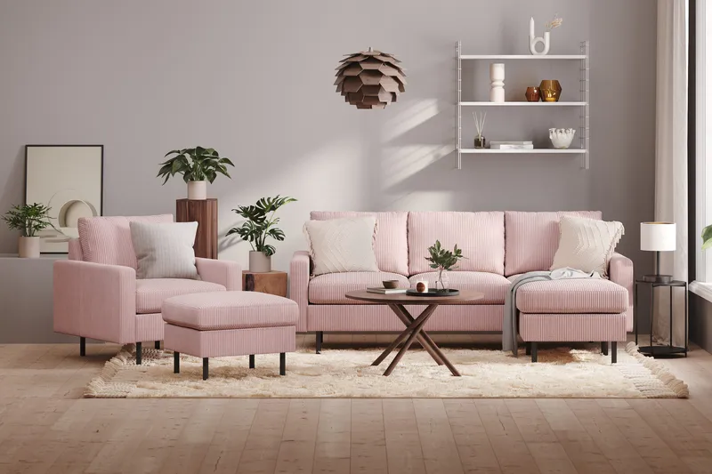 Peppe Sofagruppe 3-seters Vendbar L-formet Sjeselongsofa + Lenestol + Fotskammel i Manchester - Rosa - Møbler - Sofaer - Sofagrupper