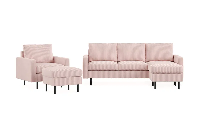 Peppe Sofagruppe 3-seters Vendbar L-formet Sjeselongsofa + Lenestol + Fotskammel i Manchester, Rosa