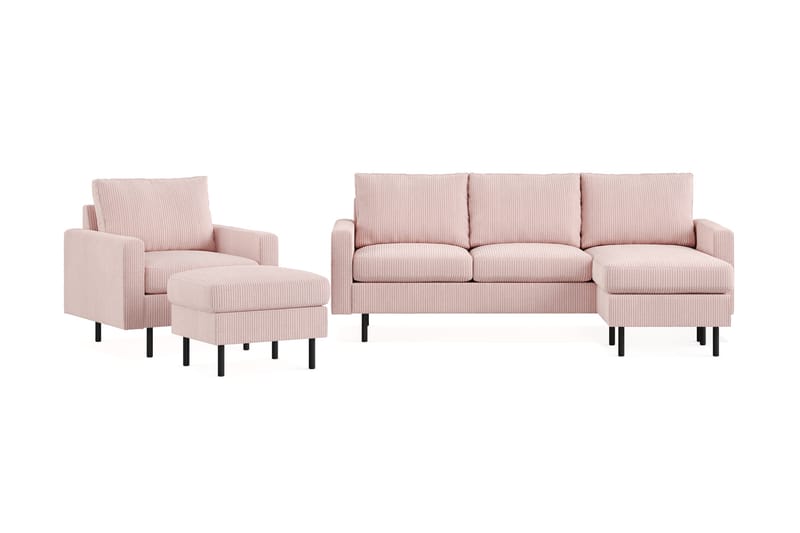 Peppe Sofagruppe 3-seters Vendbar L-formet Sjeselongsofa + Lenestol + Fotskammel i Manchester, Rosa