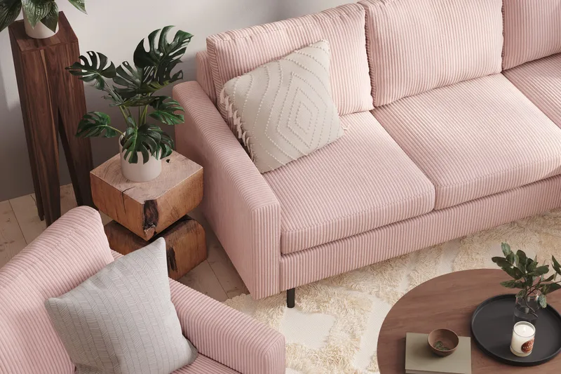 Peppe Sofagruppe 3-seters Vendbar L-formet Sjeselongsofa + Lenestol + Fotskammel i Manchester - Rosa - Møbler - Sofaer - Sofagrupper