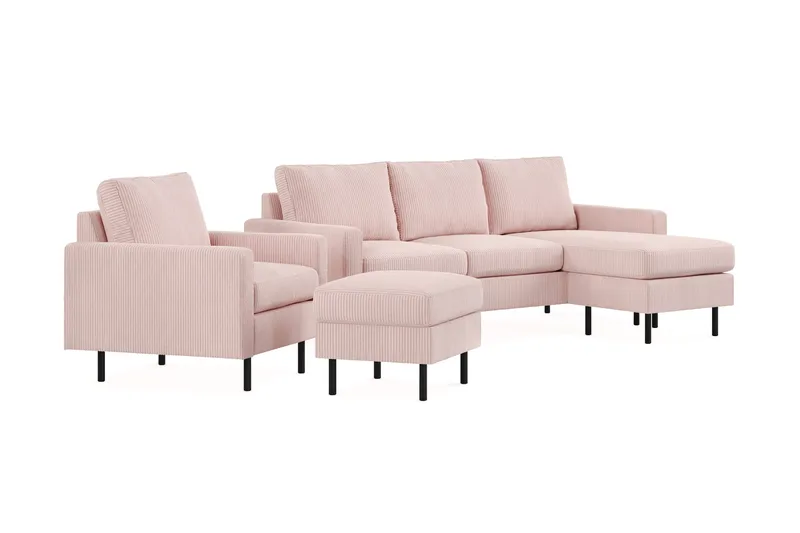 Peppe Sofagruppe 3-seters Vendbar L-formet Sjeselongsofa + Lenestol + Fotskammel i Manchester - Rosa - Møbler - Sofaer - Sofagrupper