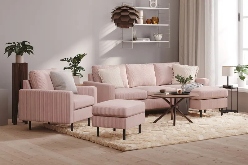 Peppe Sofagruppe 3-seters Vendbar L-formet Sjeselongsofa + Lenestol + Fotskammel i Manchester - Rosa - Møbler - Sofaer - Sofagrupper