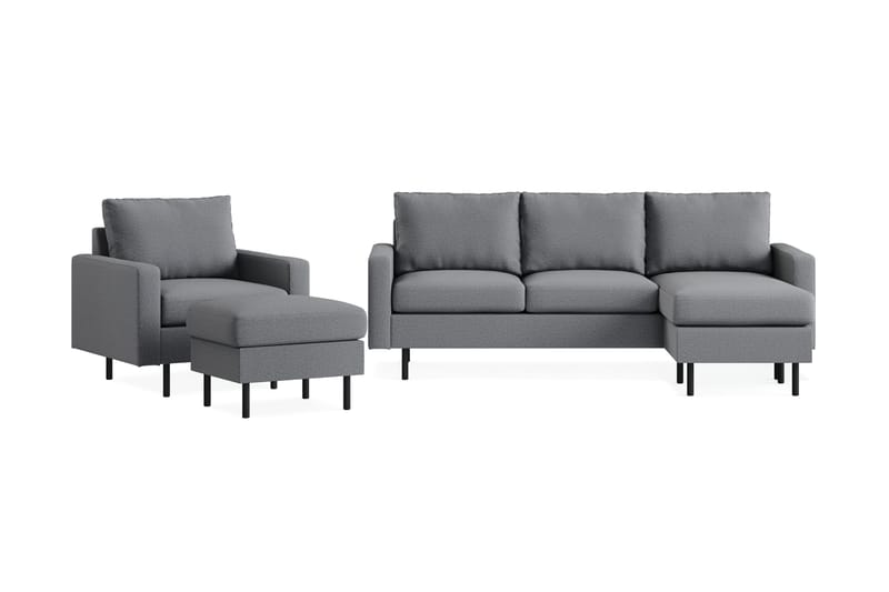 Peppe Sofagruppe 3-seters Vendbar L-formet Sjeselongsofa + Lenestol + Fotskammel i Stoff - Lys grå - Møbler - Sofaer - Sofagrupper
