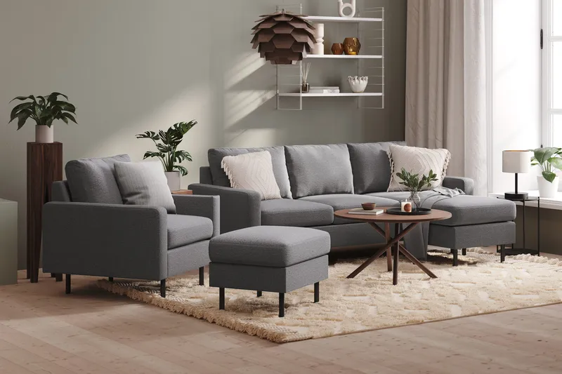 Peppe Sofagruppe 3-seters Vendbar L-formet Sjeselongsofa + Lenestol + Fotskammel i Stoff - Lys grå - Møbler - Sofaer - Sofagrupper